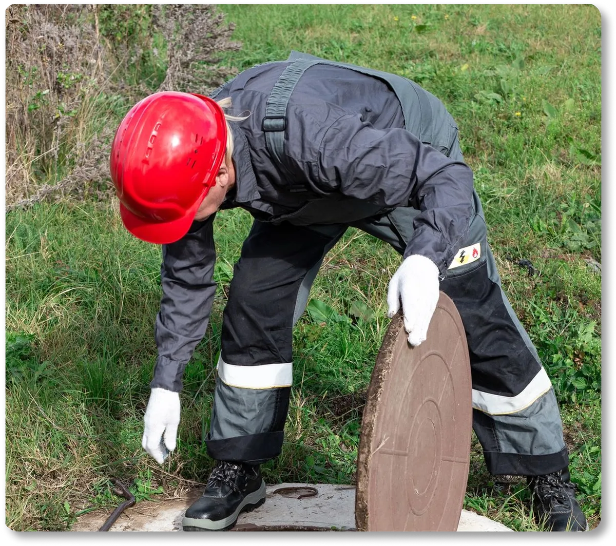 Septic worker opening manhole cover to enter sewer system in field.